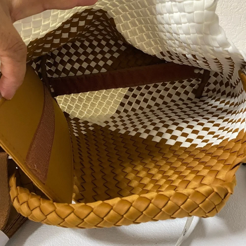 Brown and White Woven Tote Bag Set